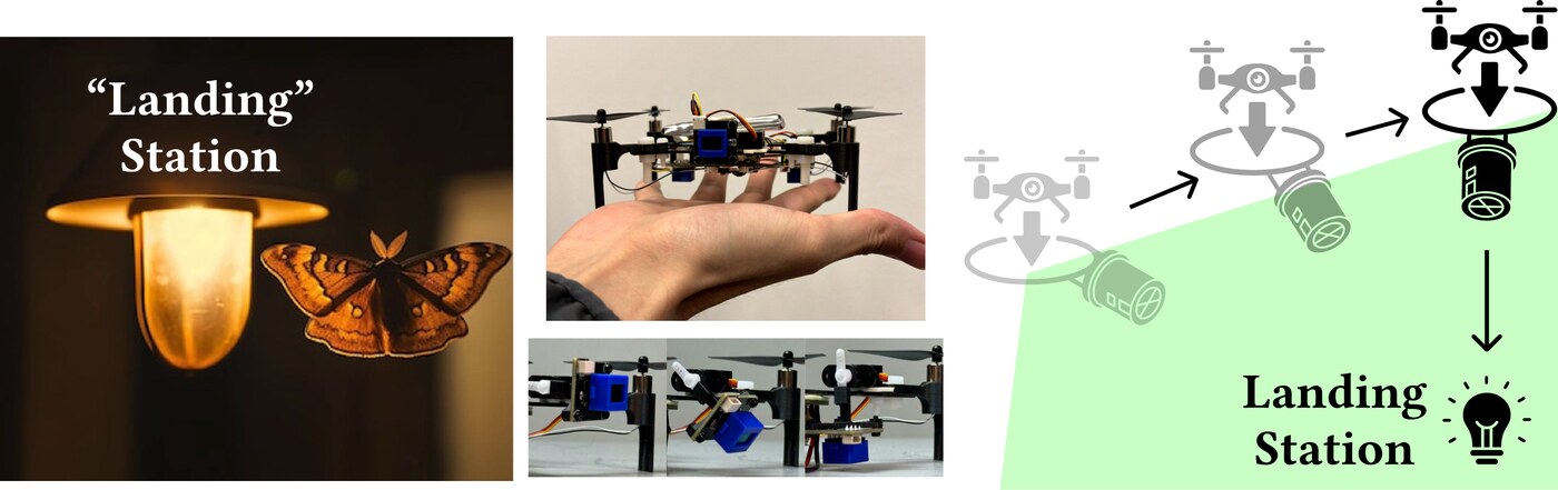 Moth: a moth drawn to a light-based landing station, the palm-sized drone platform, and the staged precision-landing sequence.